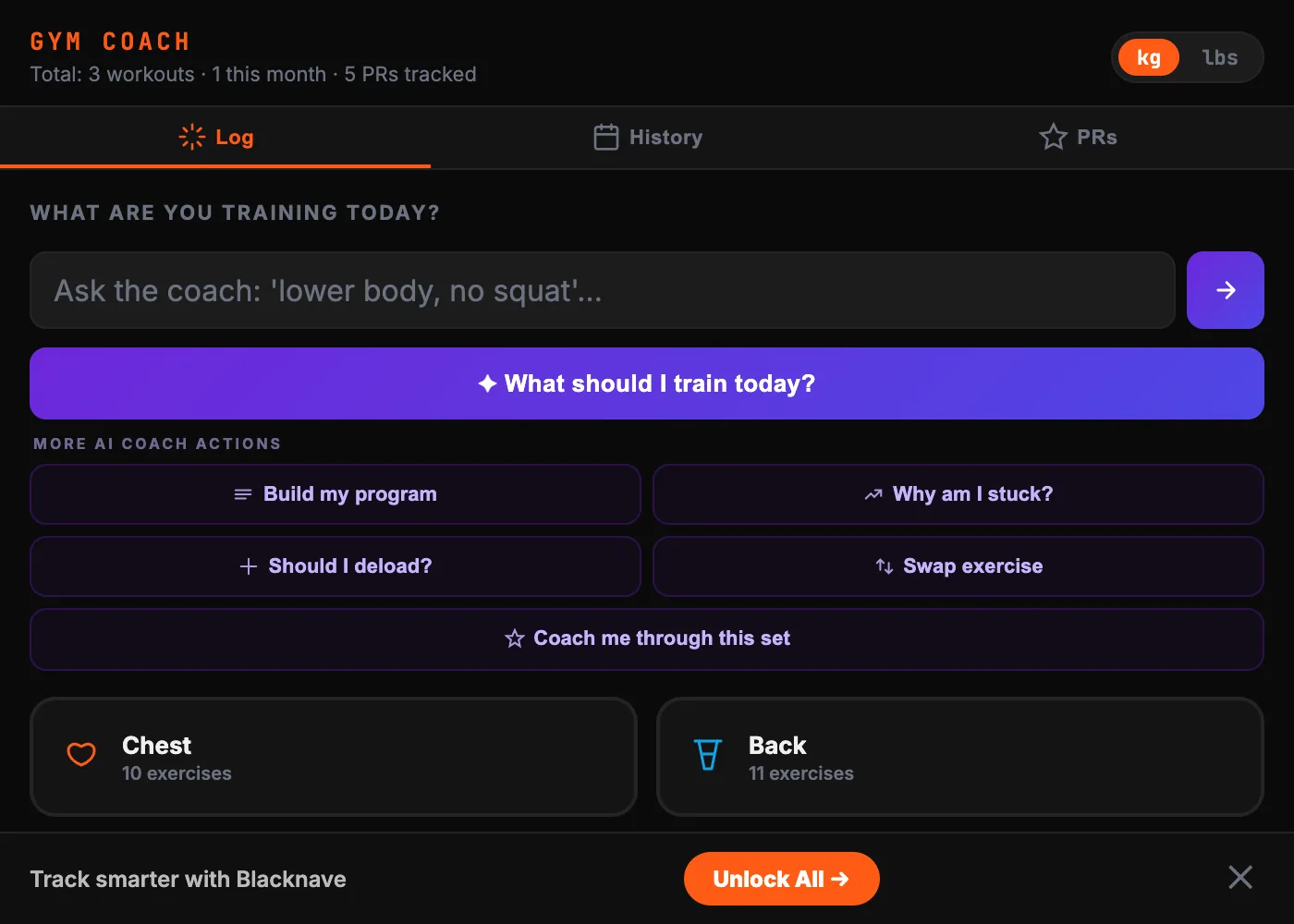 Gym Coach: muscle group picker with 8 categories