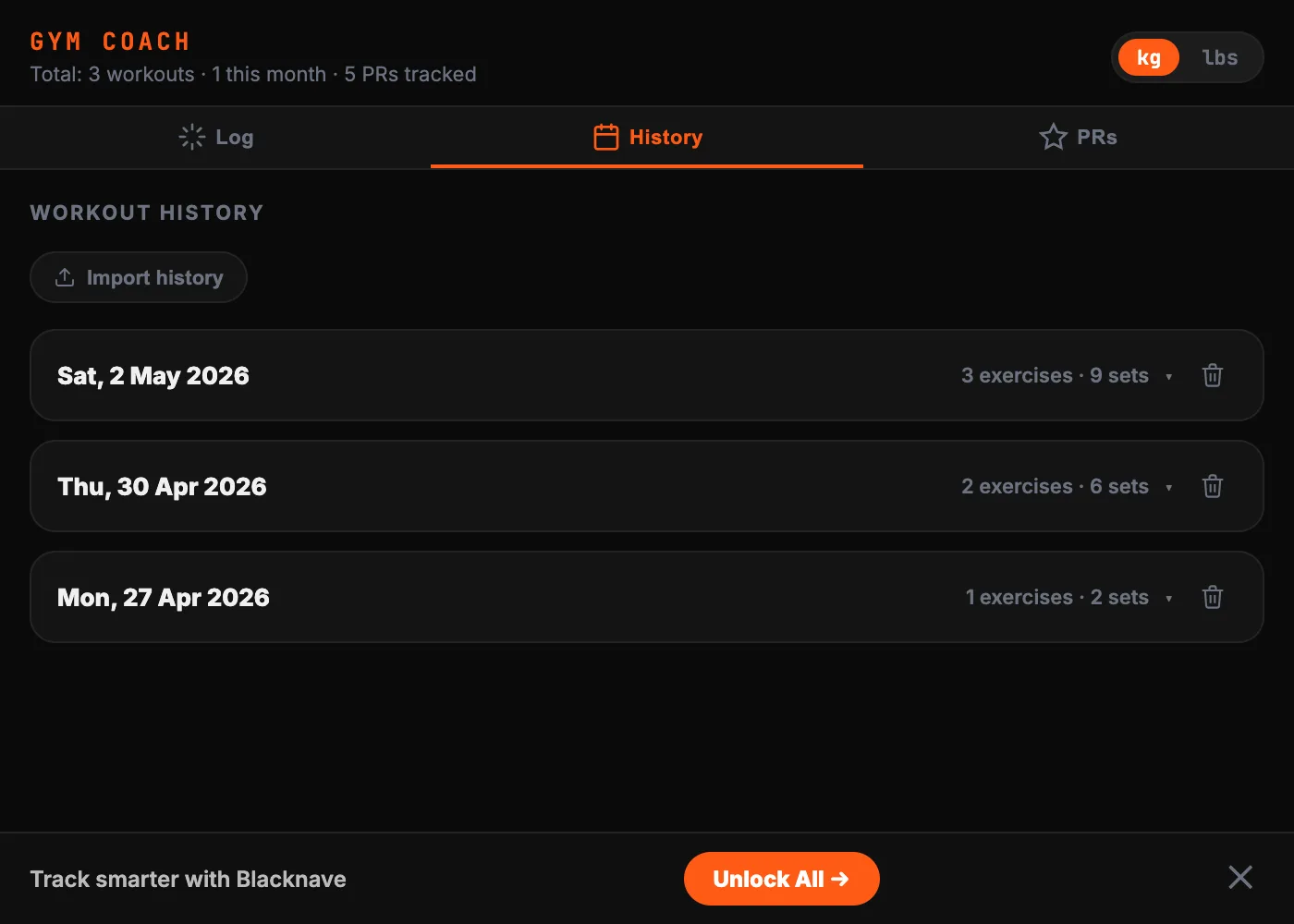 Gym Coach: history tab listing past workouts by date