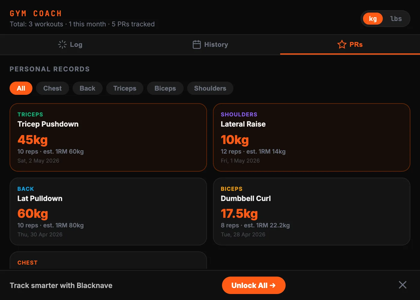 Gym Coach: PRs grid showing top lifts ranked by muscle group