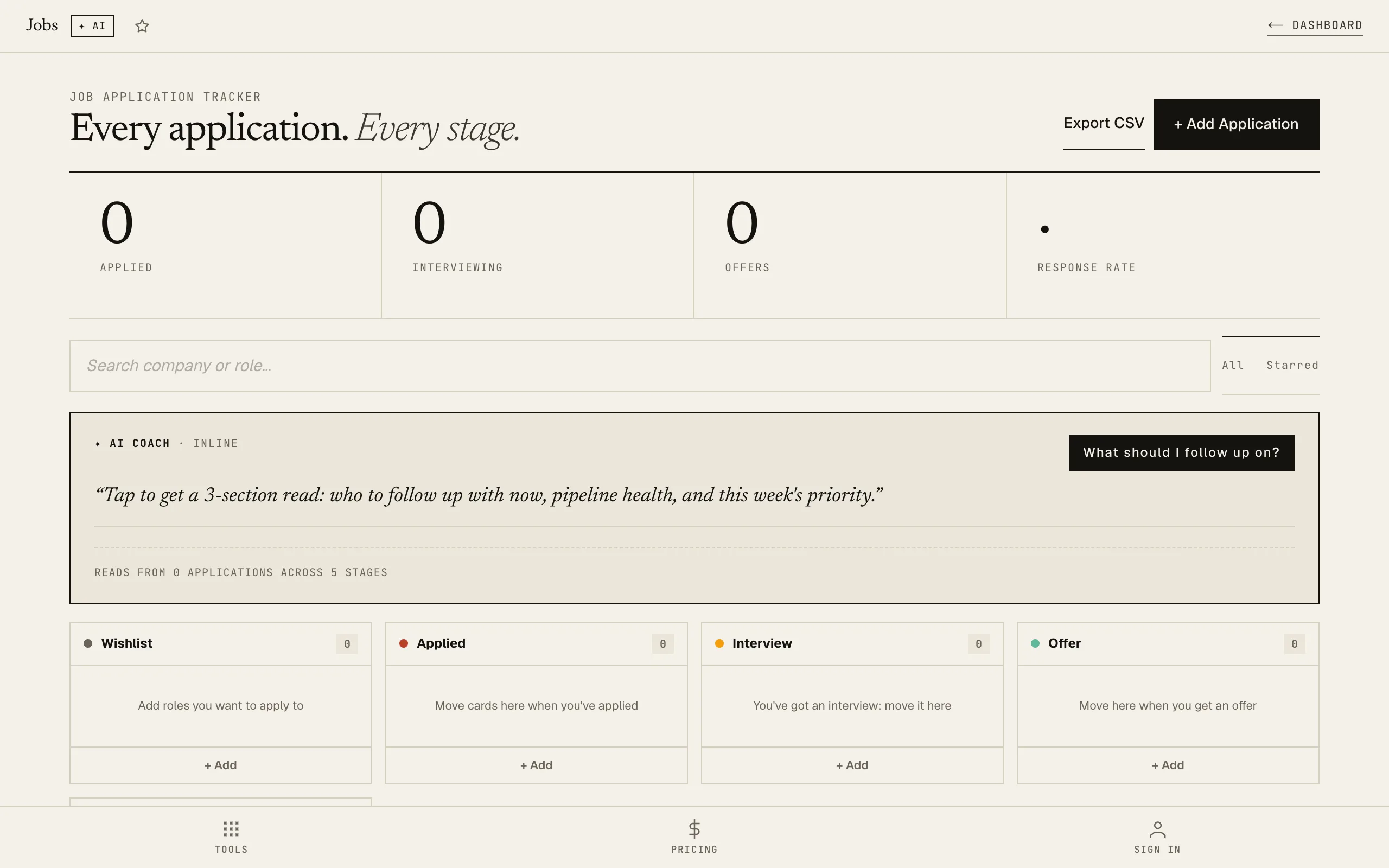 Job Application Tracker: empty kanban board with Wishlist, Applied, Interview, Offer columns