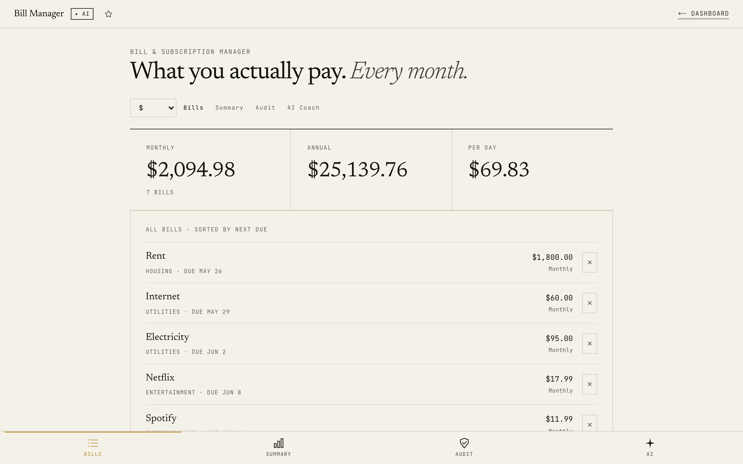 Bill Manager: Bills tab with empty state inviting you to add your first bill