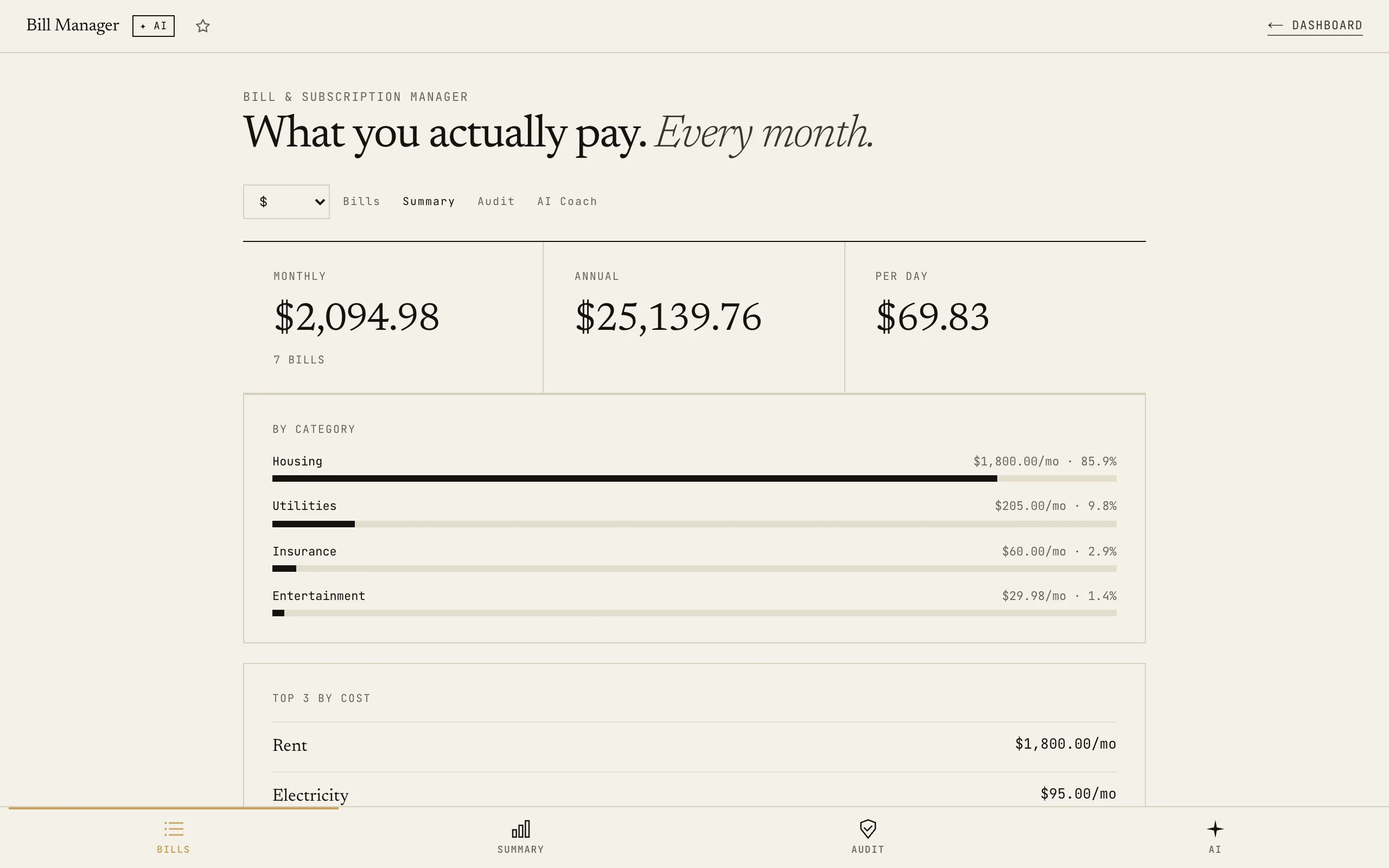 Bill Manager: Summary tab with totals by category