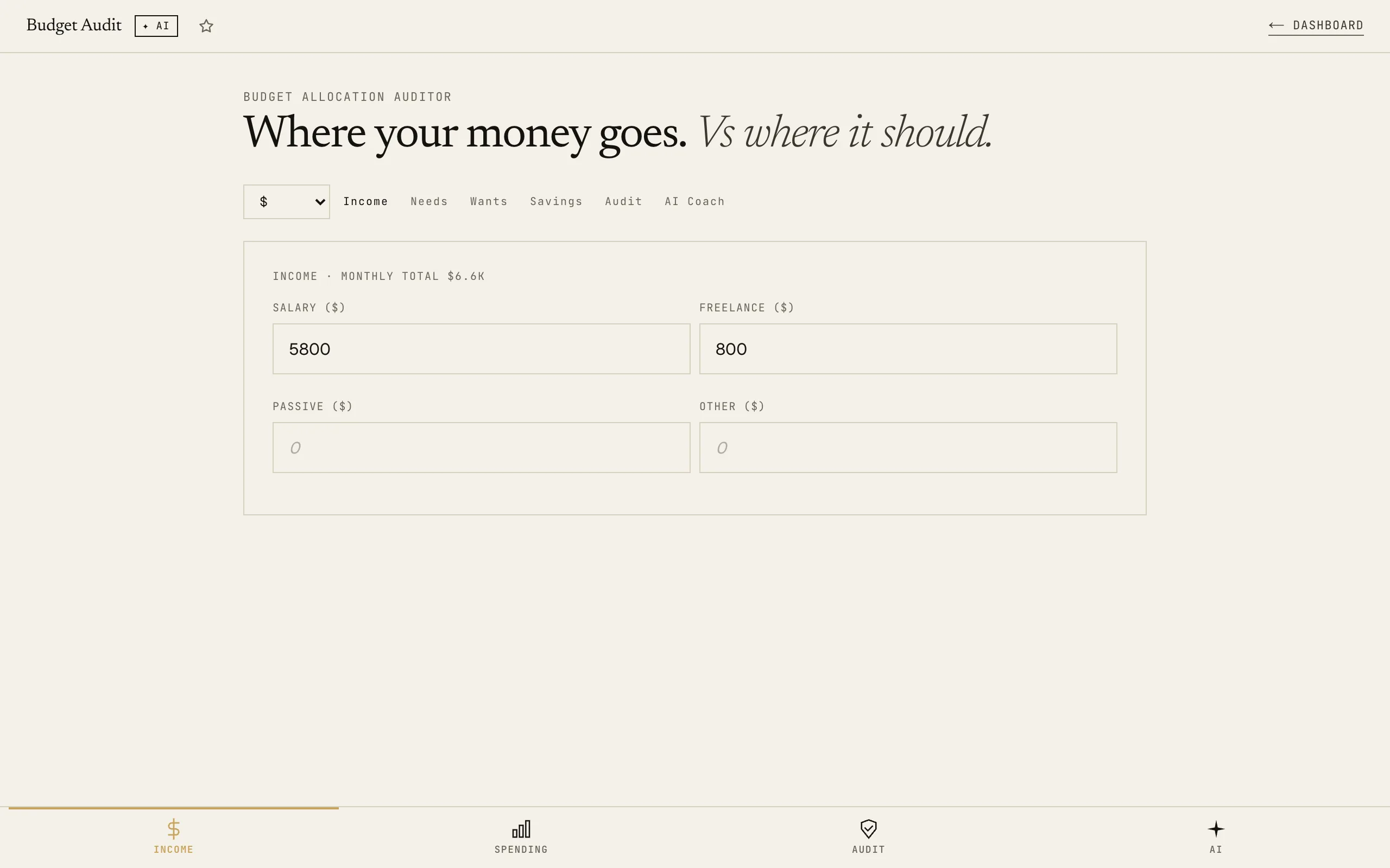 Budget Auditor: Income tab with salary inputs