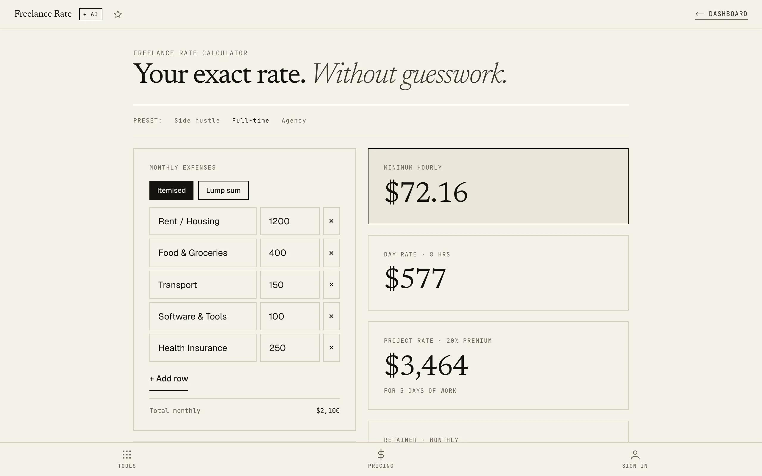 Freelance Rate Calculator: empty form for expenses, income goal, hours per week, tax rate
