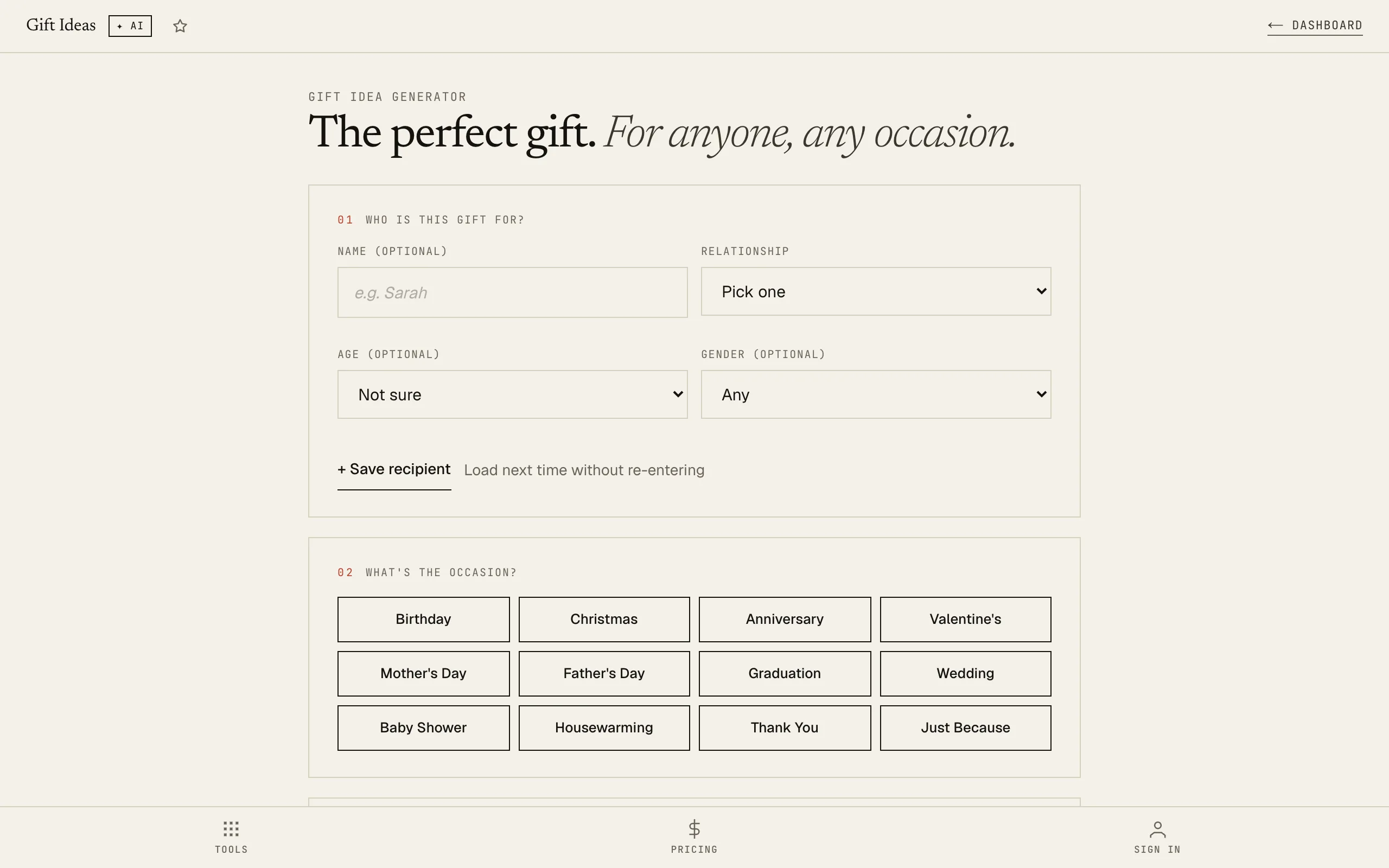 Gift Idea Generator: empty form for recipient, occasion, budget, interests