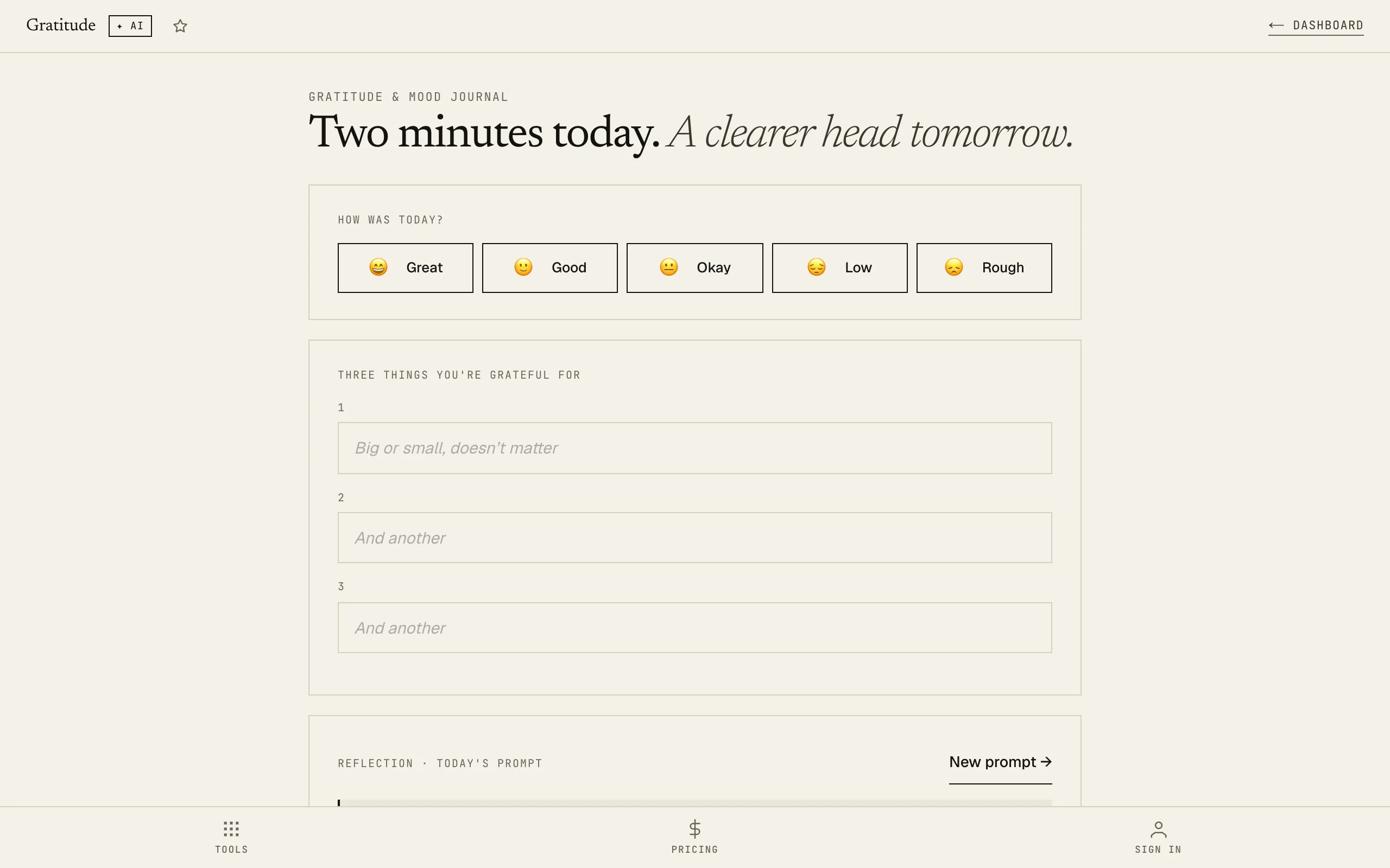 Gratitude Journal: daily prompt with empty entry textarea