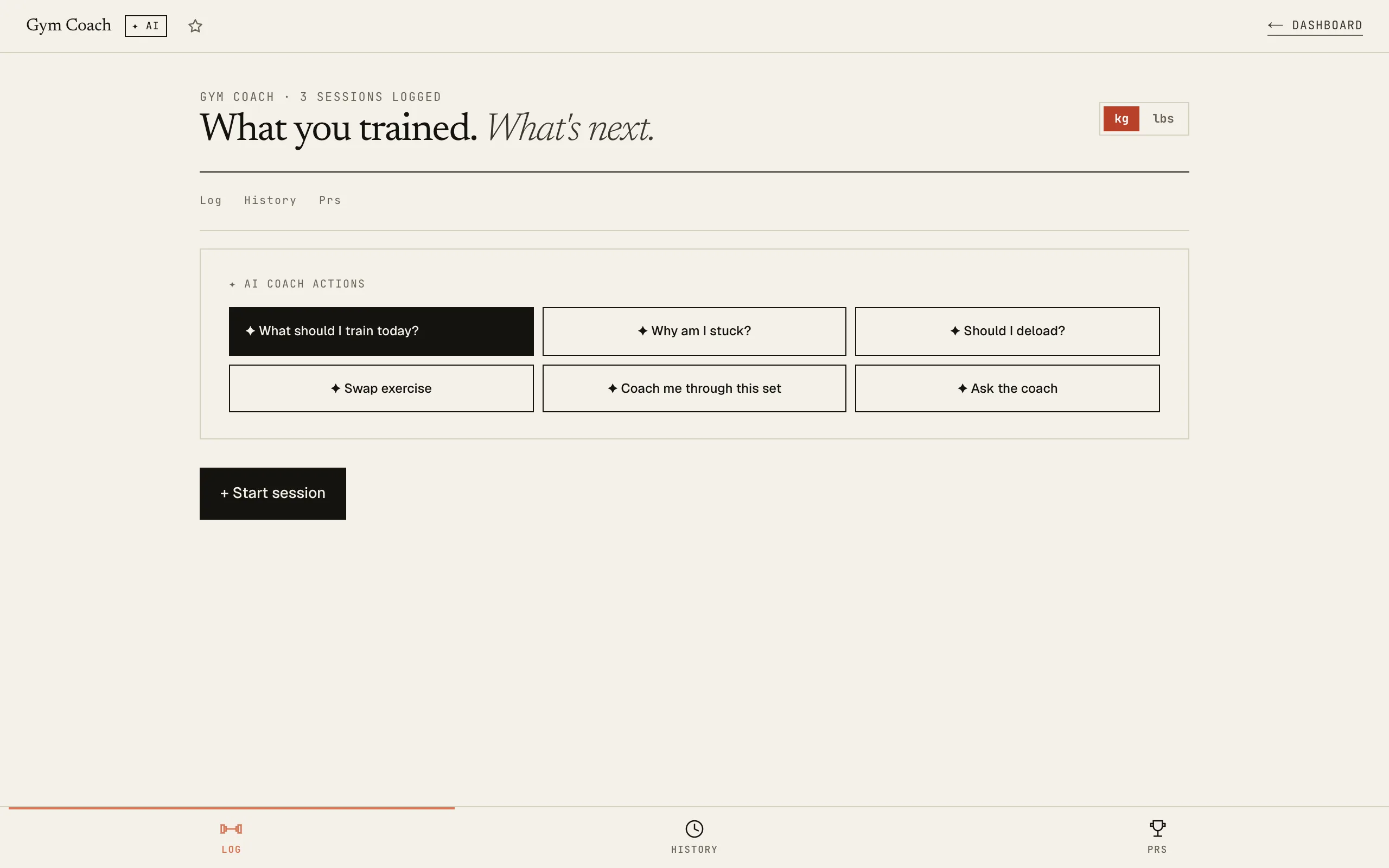 Gym Coach: Log tab with 6 AI Coach actions and muscle picker