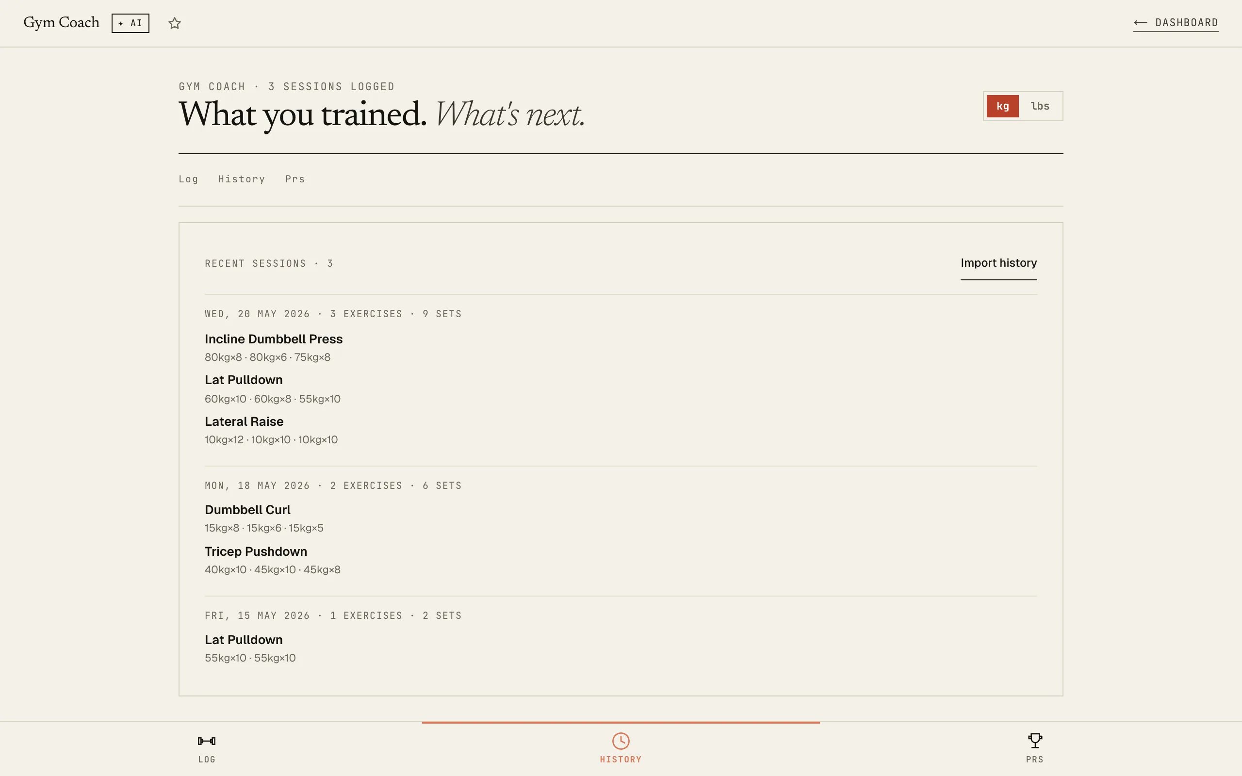 Gym Coach: History tab listing past workouts