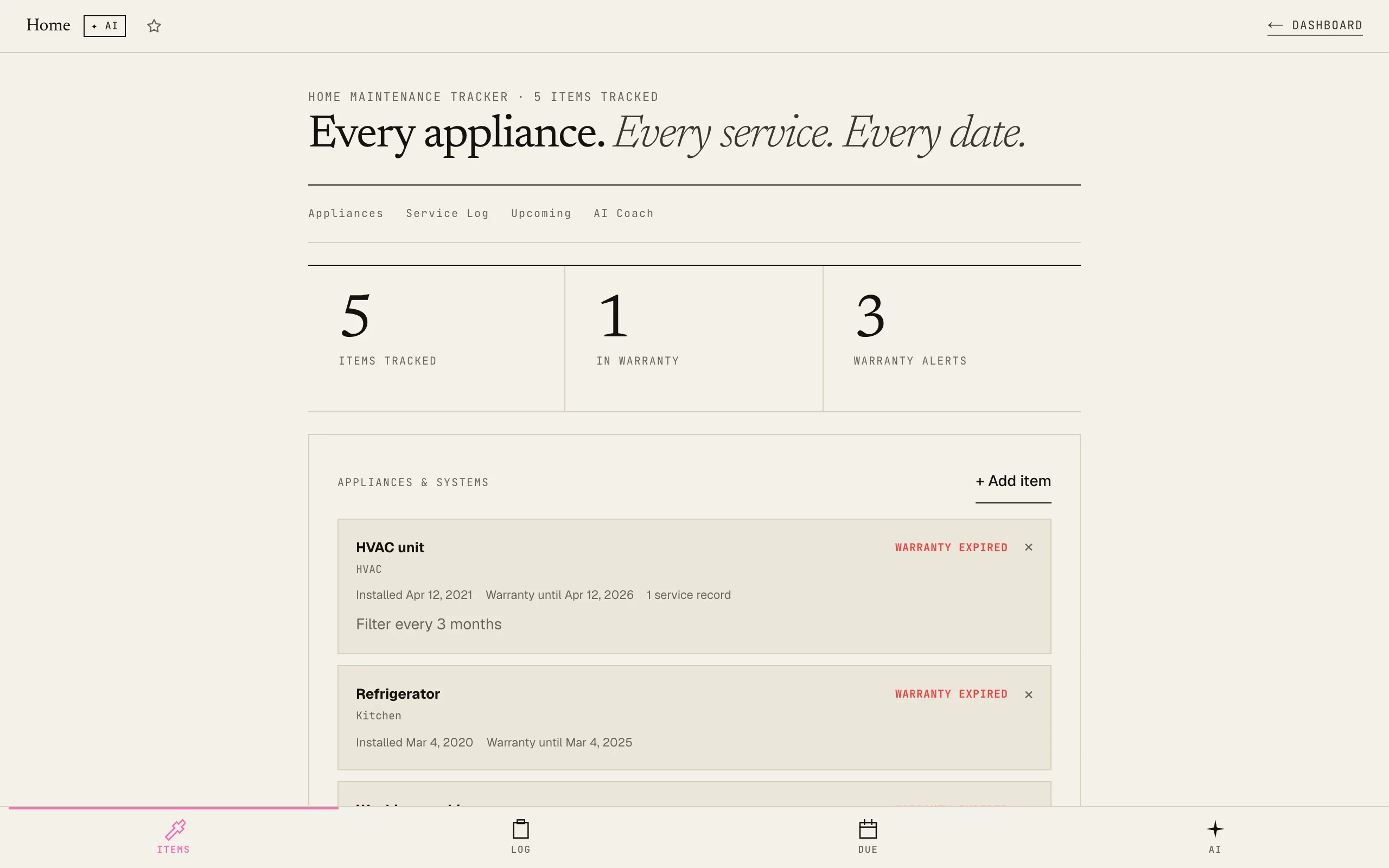 Home Maintenance: Appliances tab with empty appliances list and add-appliance form