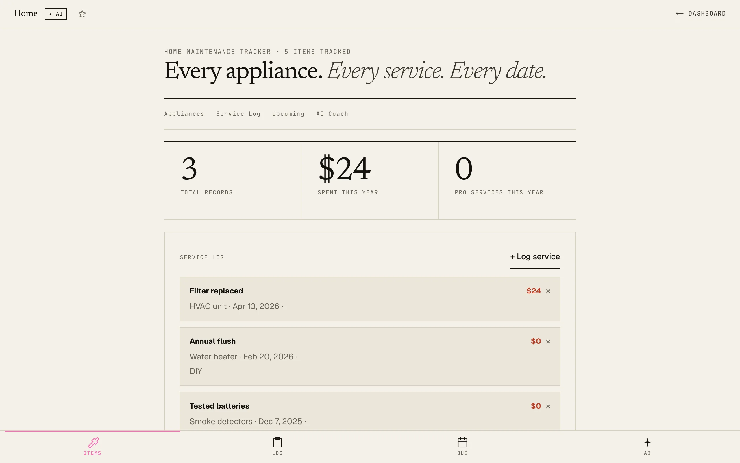 Home Maintenance: Log tab showing service history