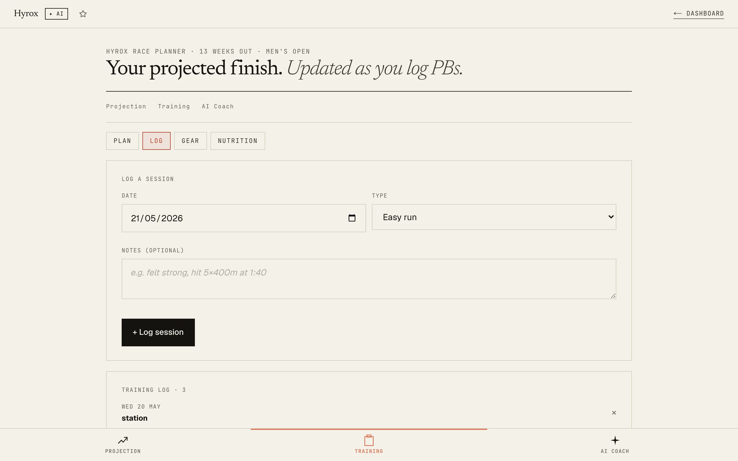 Hyrox Planner: Training tab with a 15-week periodized plan