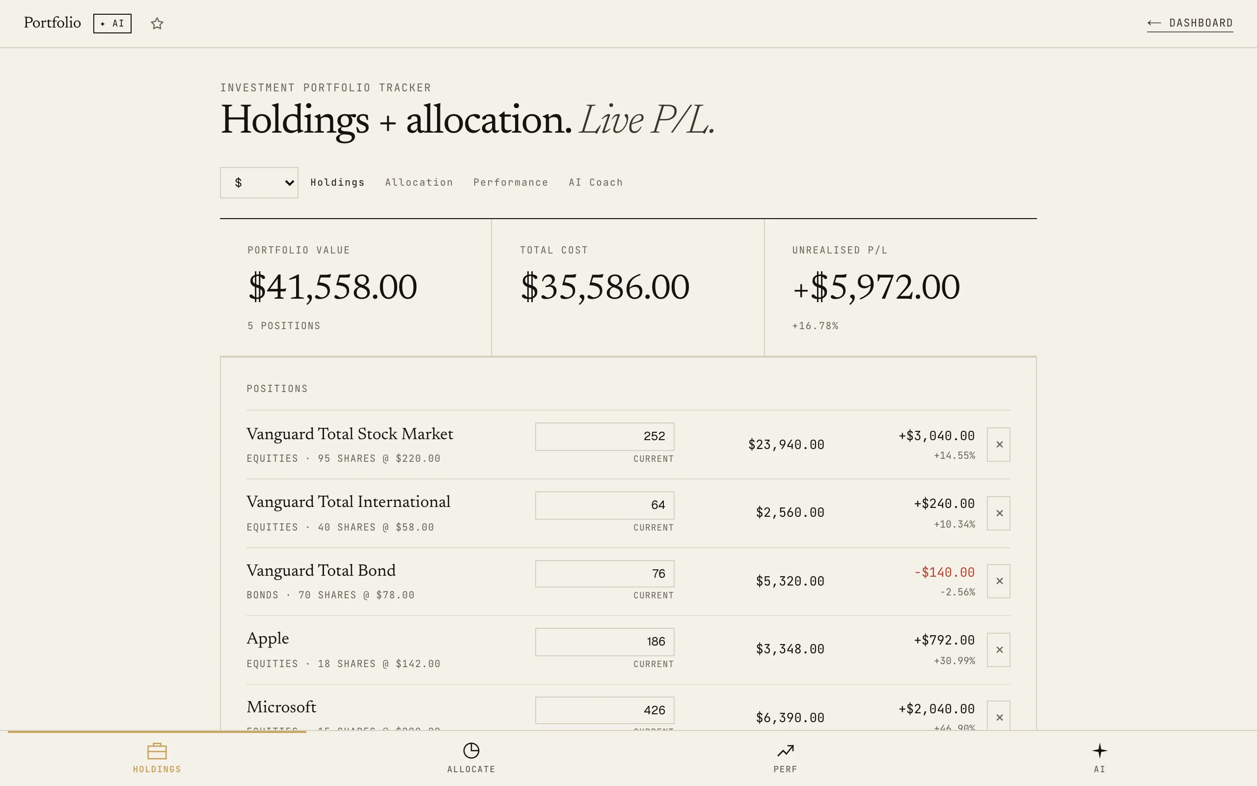 Investment Portfolio: Holdings tab with empty holdings list