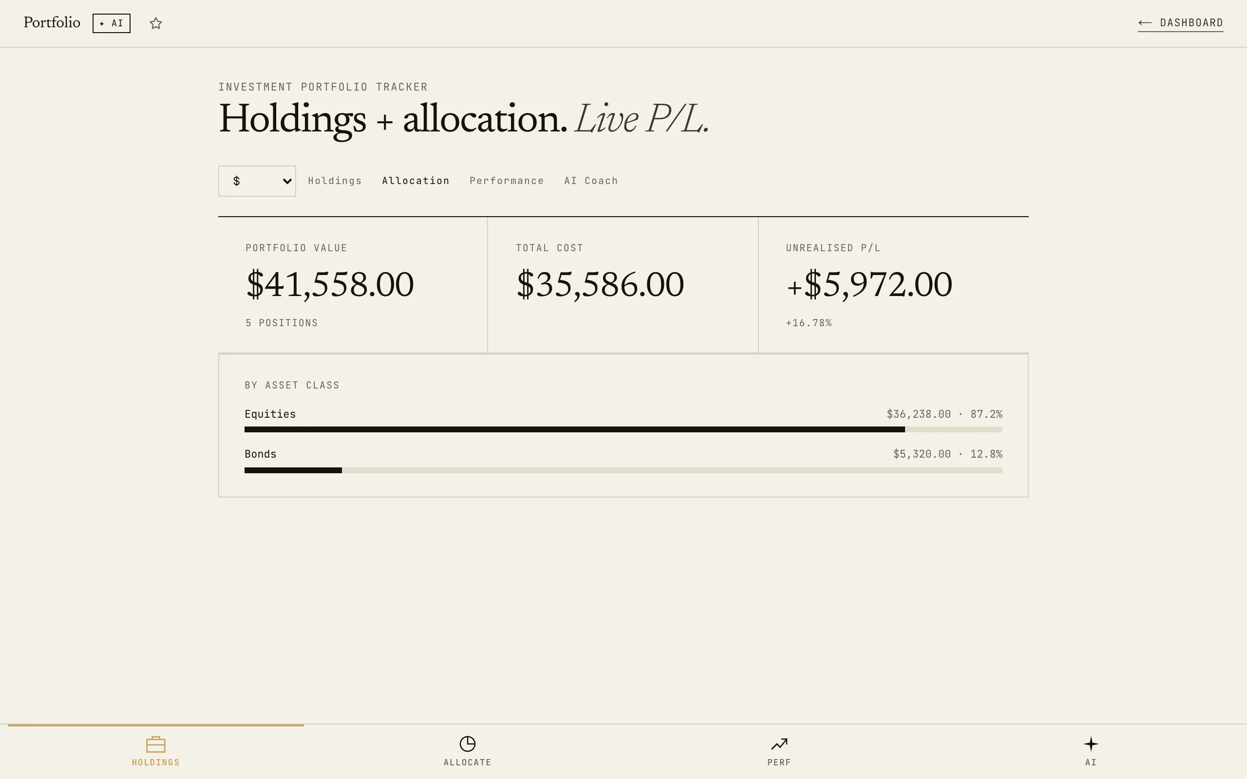 Investment Portfolio: Allocation tab showing breakdown by asset type