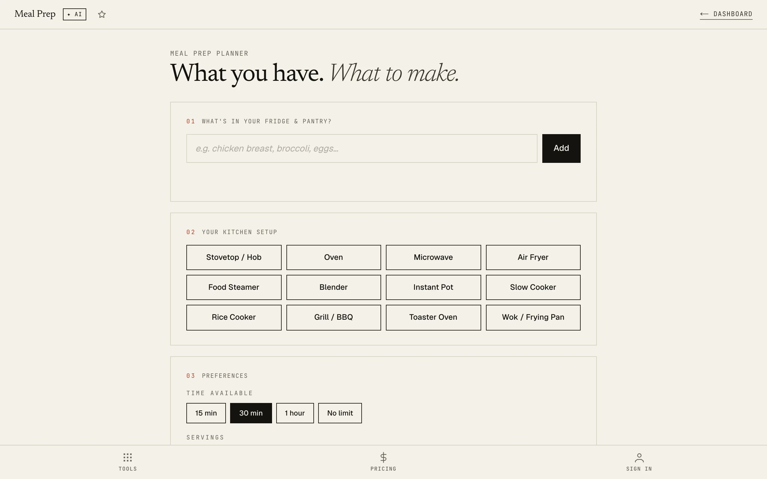 Meal Prep Planner: empty form for ingredients, appliances, diet preferences