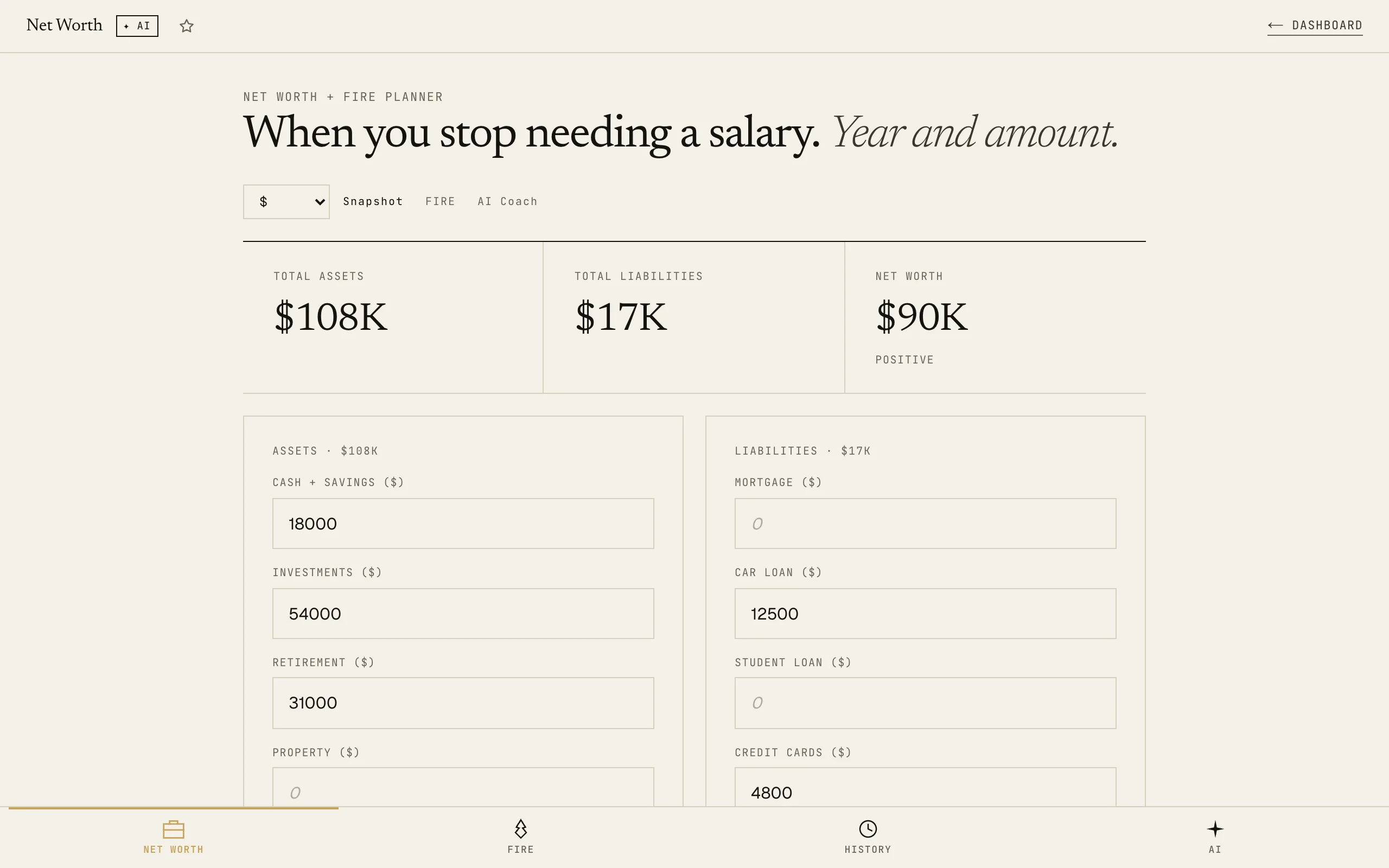 Net Worth + FIRE: Snapshot tab with assets and liabilities inputs