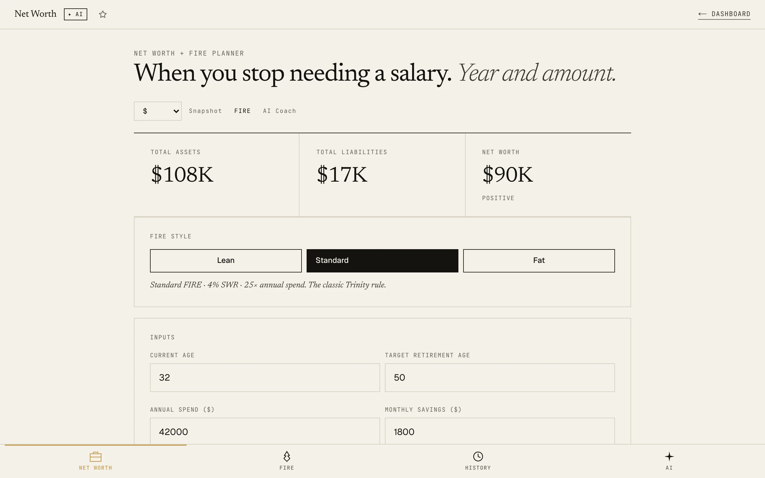Net Worth + FIRE: FIRE tab showing target and projected timeline
