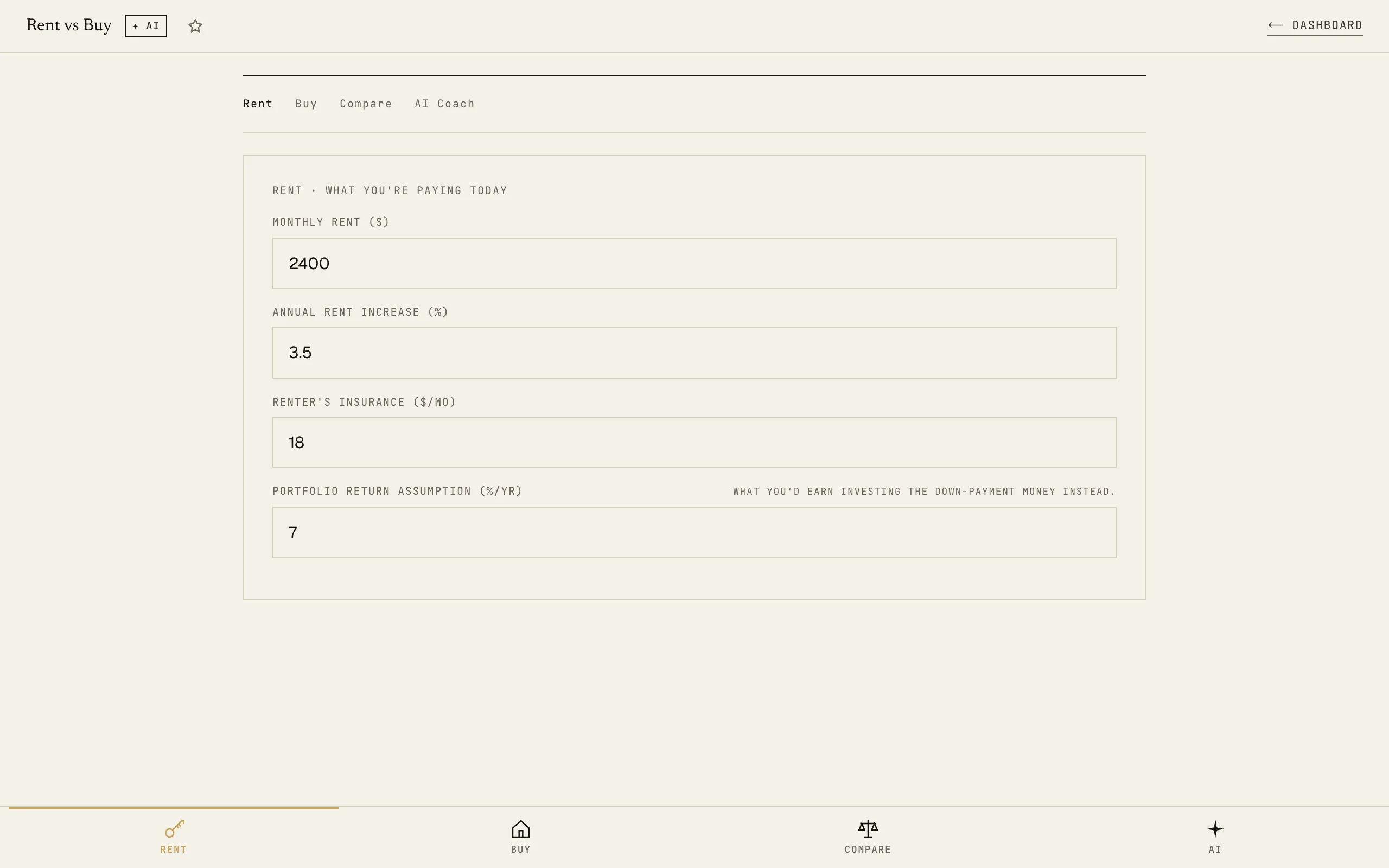 Rent vs Buy: Rent tab with monthly cost and growth inputs