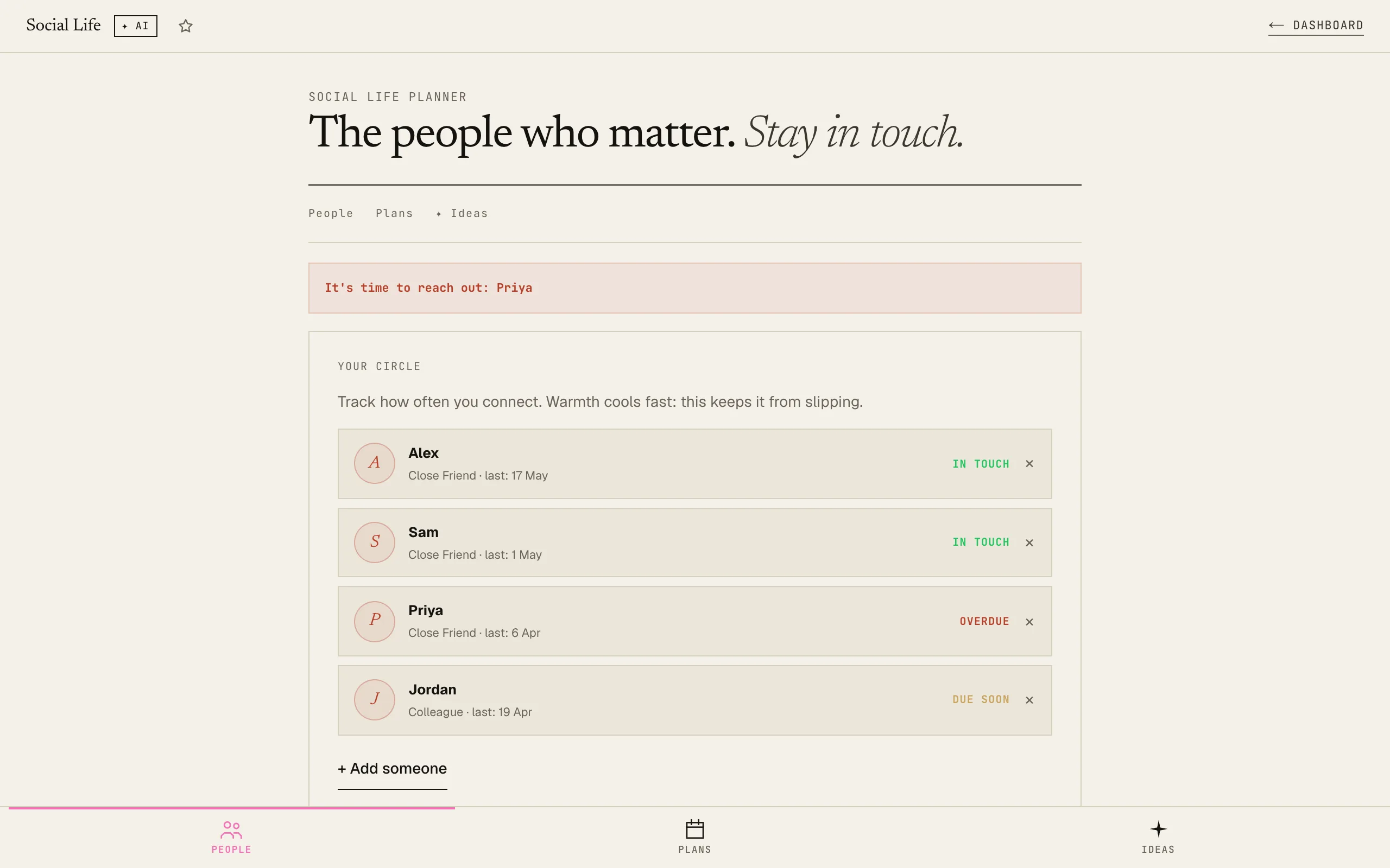 Social Life Planner: People tab with empty contacts list