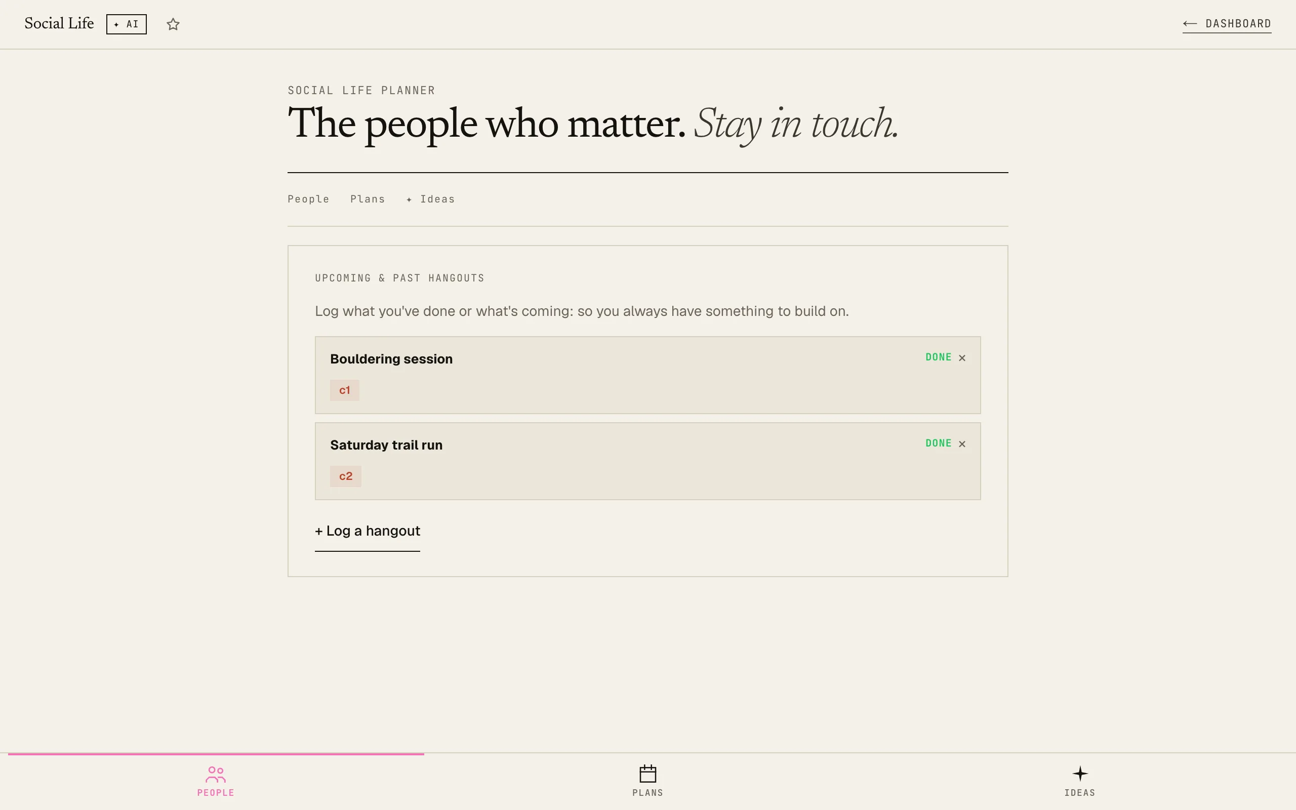 Social Life Planner: Plans tab with empty upcoming hangouts